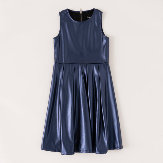 Pearlized Pleather Pleated Dress - Deep Royal