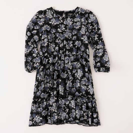 Floral Peasant Dress - Black