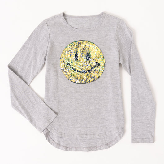Sequins Smiley Tee - Light Heather Grey