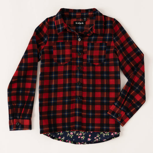 Mixed Plaid Floral Shirt - Scarlet