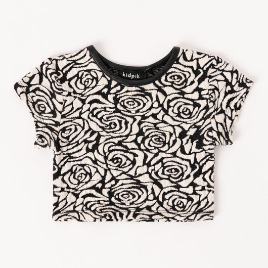 Floral Pleather Trim Crop Top - Black