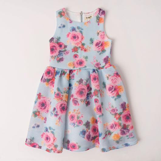 Floral Mesh Scuba Dress - Cerulean