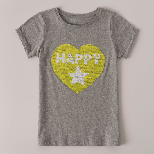 Happy Star Roll Sleeve Tee - Light Heather Grey