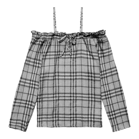 Plaid Smocked Cold Shoulder Top - Black